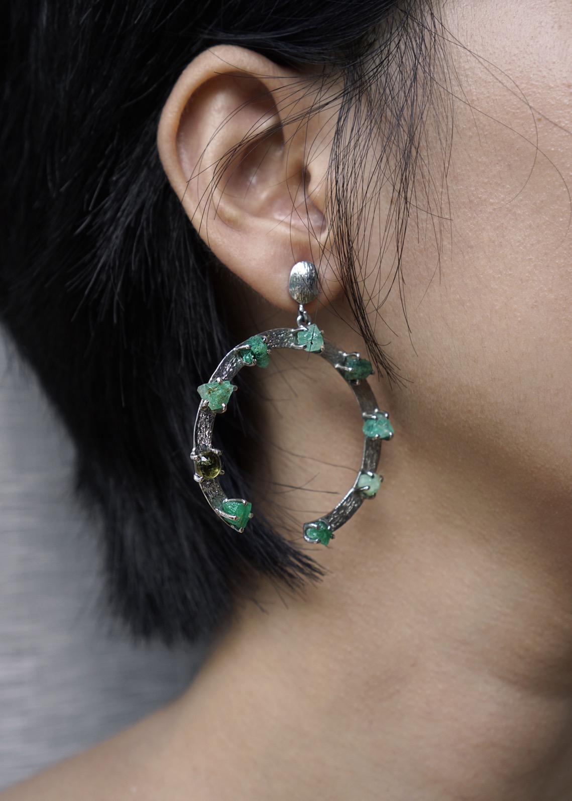 Raw Emerald & Tourmaline Earrings